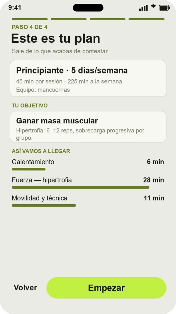 Pantalla ilustrativa de ejemplo: un plan de principiante de 5 días por semana con calentamiento, fuerza e hipertrofia, movilidad y técnica.